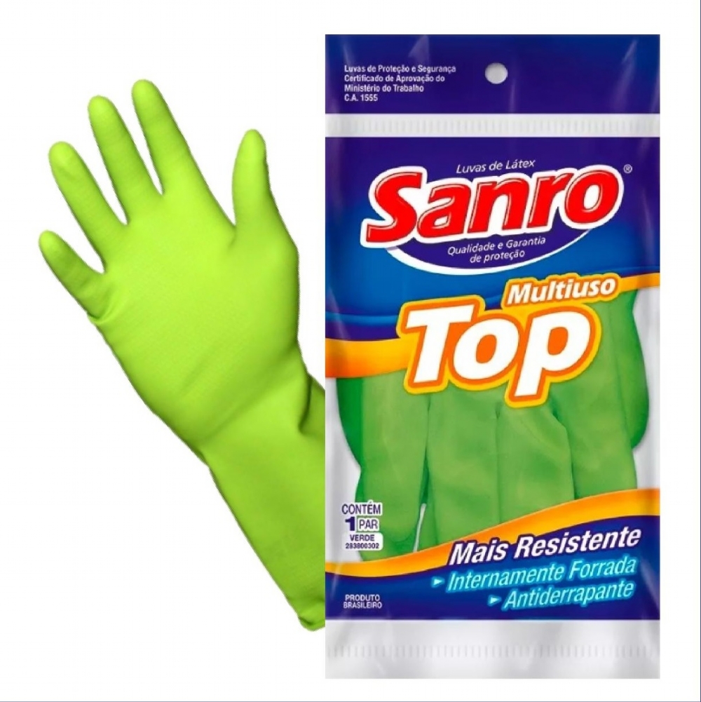 Luva Latex Verde Sanro Top Multiuso Forrada Grande